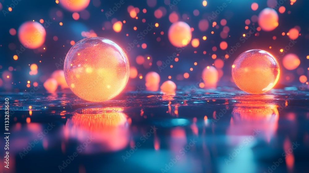 Poster Ethereal Glowing Spheres on a Reflective Surface Surrounded by Soft Bokeh Lights, Creating a Dreamlike and Mystical Atmosphere in a Darkened Environment