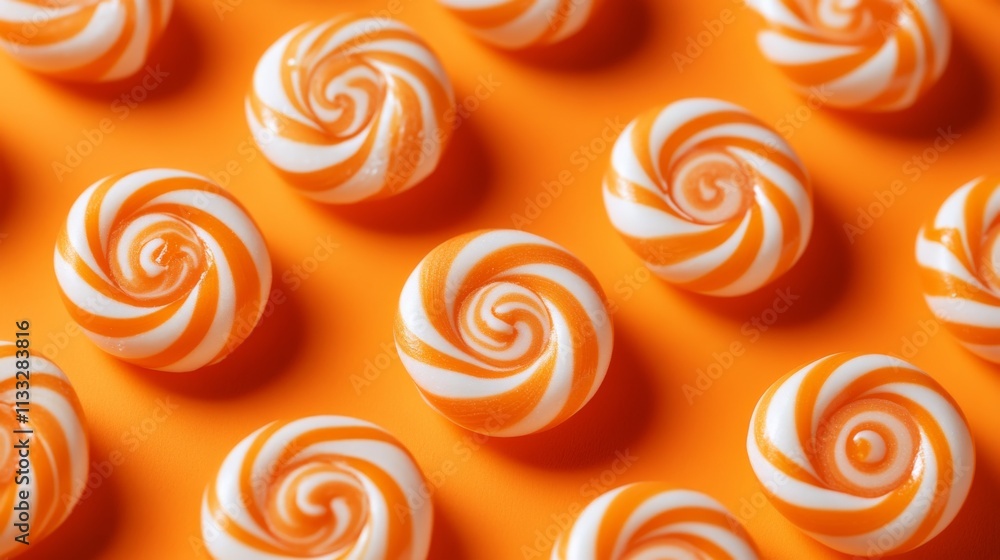 Poster close-up of orange and white candies with swirling patterns, neatly arranged on a bold orange backgr
