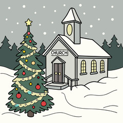 Naklejka premium A Christmas tree and a church vector design for Christmas Day on a white background. 