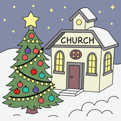Obraz premium A Christmas tree and a church vector design for Christmas Day on a white background. 