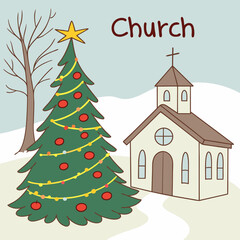 Fototapeta premium A Christmas tree, and a church vector design for Christmas Day on a white background. 