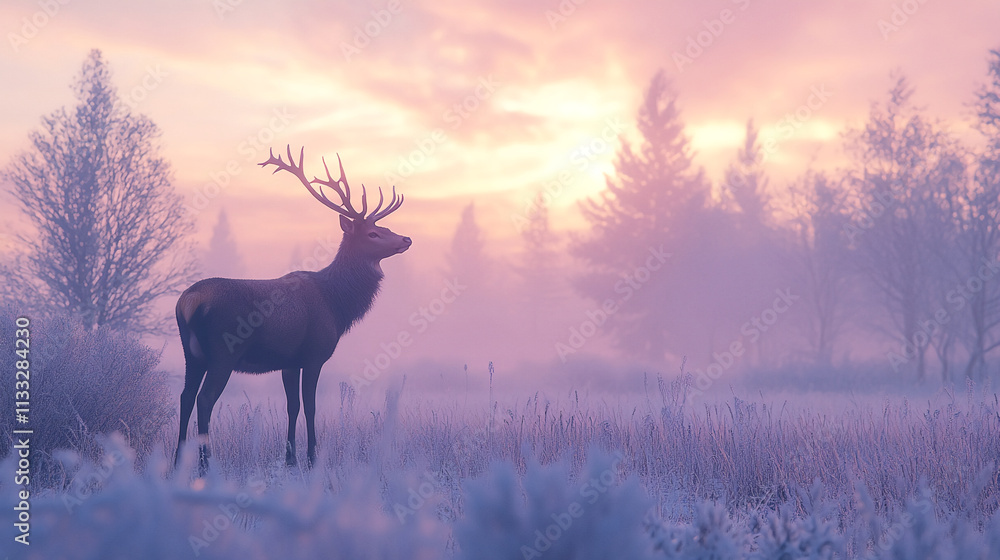 Aufkleber Majestic deer standing in a misty field at dawn with soft sunlight filtering through the trees