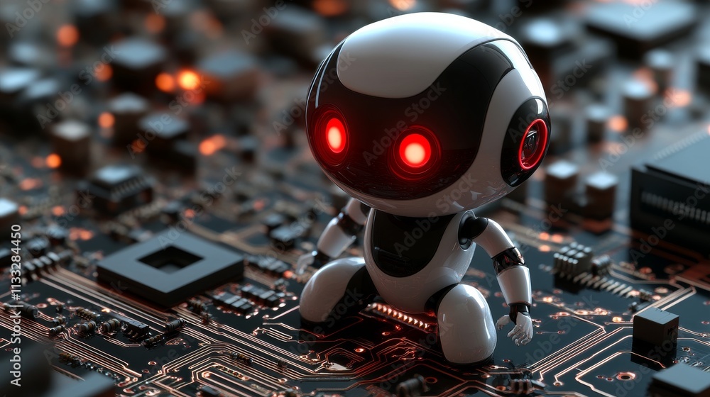 Poster a small robotic figure with glowing red eyes sits on a circuit board, surrounded by intricate red-li