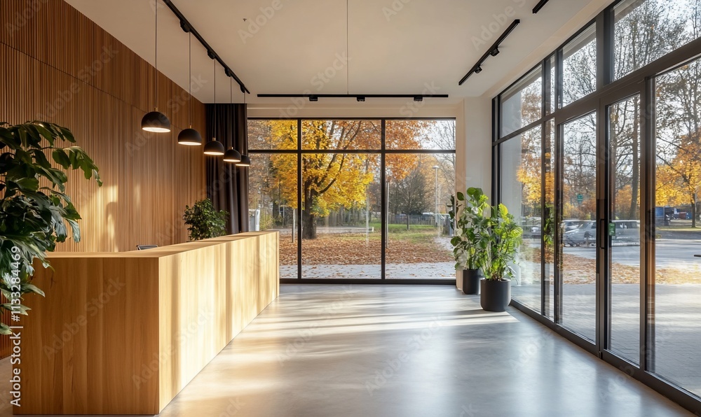 Poster modern reception area with wooden desk and large windows showcasing autumn.