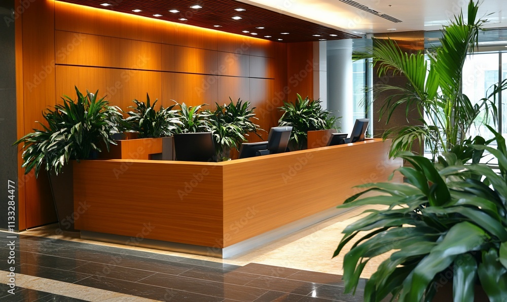 Poster modern reception area with wooden counter and lush greenery.