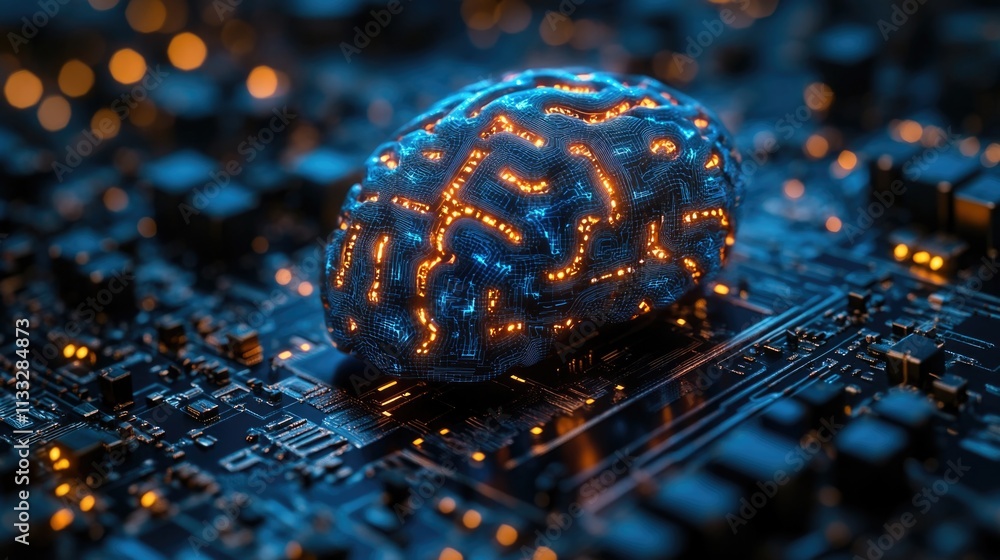Poster a computer circuit board with a glowing brain component, suitable for technology or innovation illus