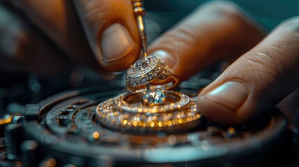 Close-up view of a jeweler carefully crafting a detailed ring with precision tools