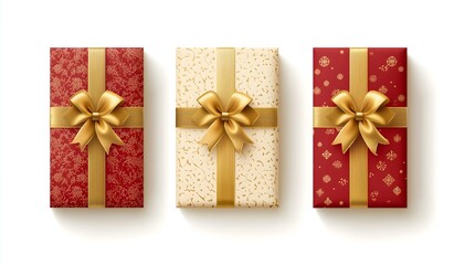 Three elegant gift boxes decorated with golden ribbons on a crisp white background, ideal for festive occasions.
