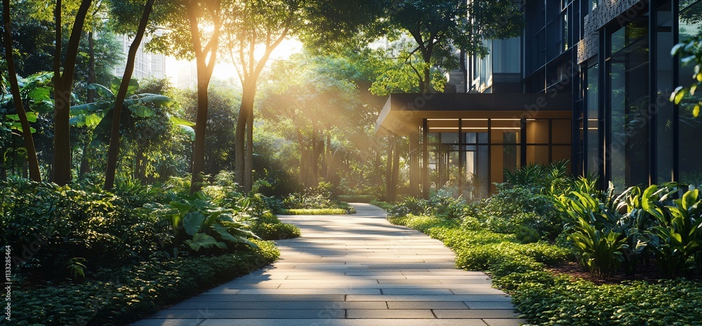 Poster Serene pathway through lush greenery with sunlight filtering through trees.