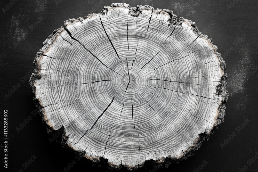 Poster a close-up image of an old tree stump in black and white