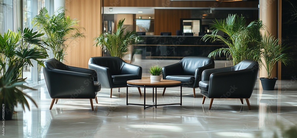 Poster modern seating area with plants and a coffee table in a spacious lobby.
