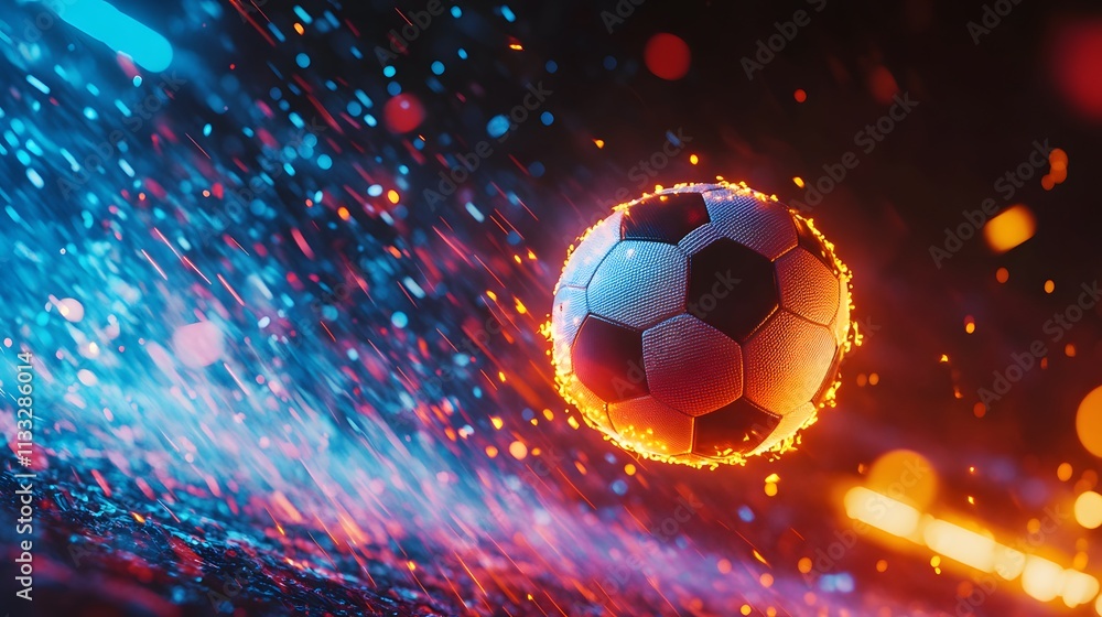 Poster dynamic soccer ball in motion surrounded by colorful flames and water splashes, creating an intense 