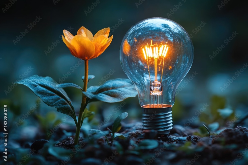 Poster a simple still life image of a light bulb sitting next to a flower