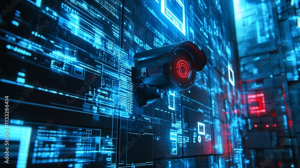 Poster Surveillance camera against a backdrop of digital data and technology.