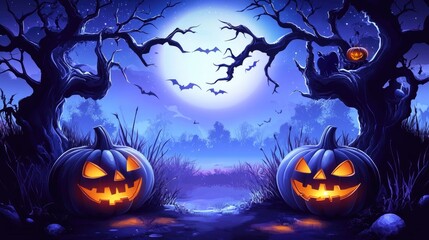 Spooky Halloween vector collage with pumpkins and eerie trees under a full moon