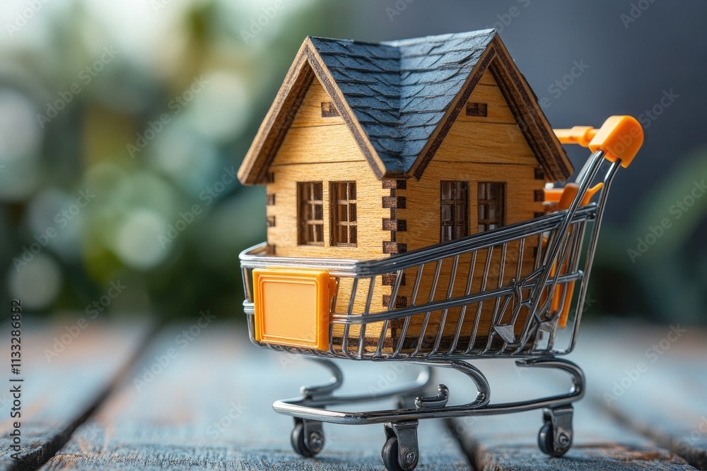 Poster a small model of a house placed in a shopping cart on a table
