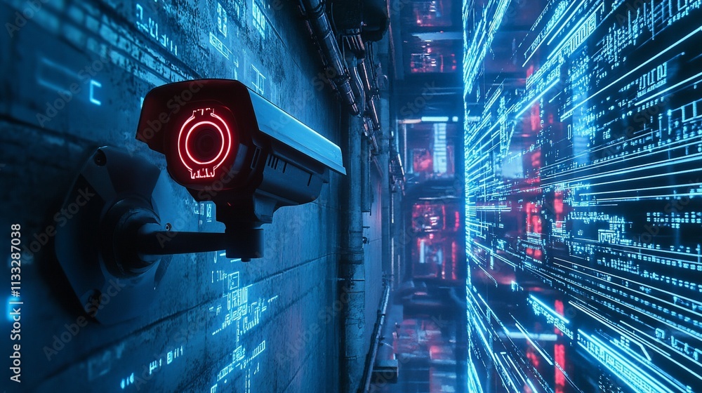 Poster surveillance camera in a futuristic digital environment with glowing data.