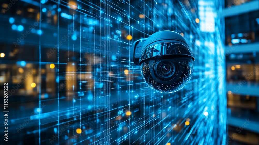 Poster Surveillance camera with digital data streams in a modern environment.