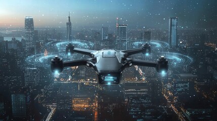 Smart drone over futuristic cityscape with dynamic data projection