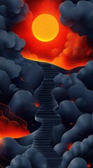 Obraz premium A surreal landscape featuring a winding staircase leading to a vibrant sun amidst dark clouds.