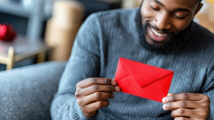A joyful person examines a red envelope, conveying warmth and anticipation in a cozy setting.