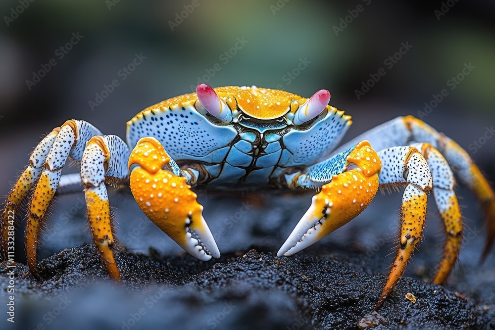 Poster A close-up view of a crab sitting on a rock, with details of its shell and claws