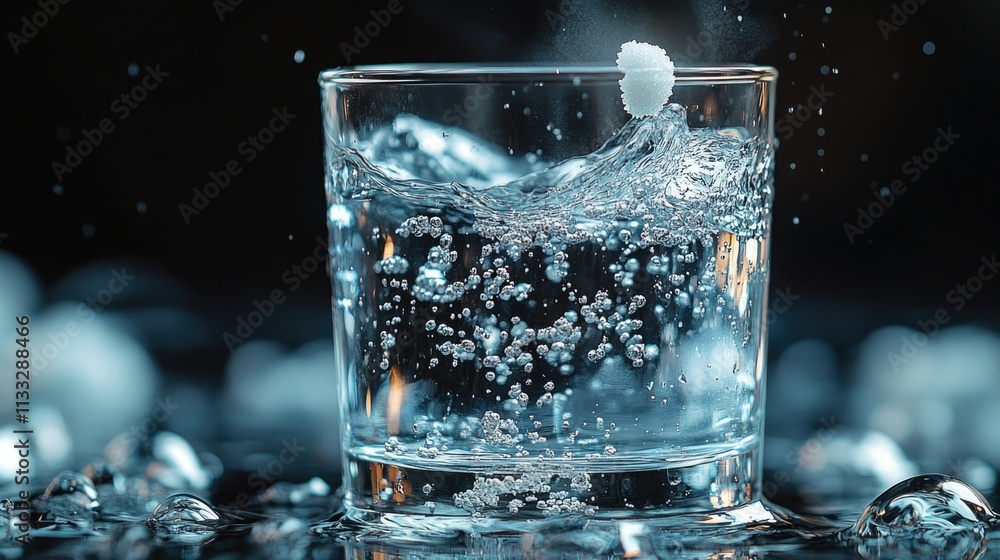 Poster A clear glass filled with water and ice cubes, perfect for a refreshing drink