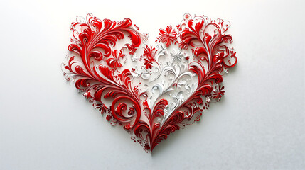heartshaped artwork crafted from red and white paper filigree Intricate floral designs and swirls create a visually stunning piece