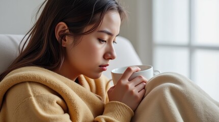 Naklejka premium Young Woman in Cozy Sweater Holding a Cup While Looking Introspective