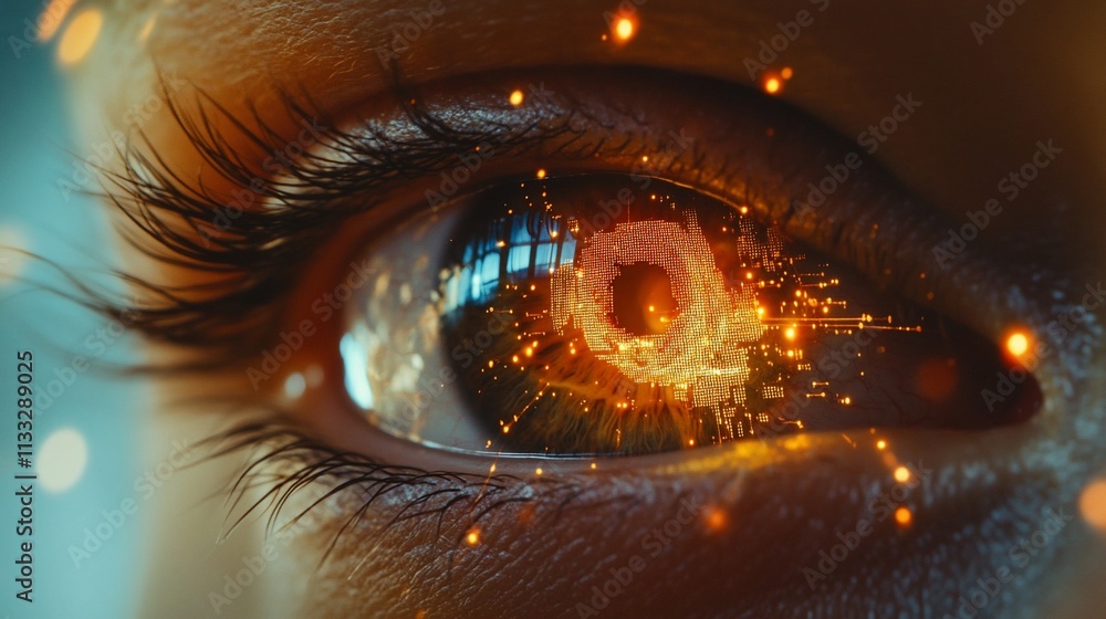Aufkleber a close-up of an eye reflecting a vibrant, abstract scene with glowing particles.