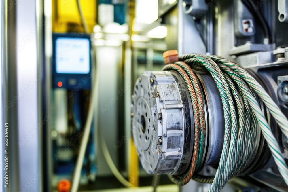 Poster close-up shot of a reel of wires on a machine, suitable for technical or industrial use
