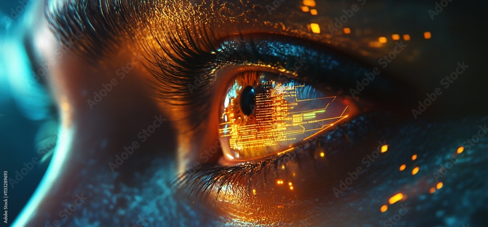 Poster a close-up of a futuristic eye reflecting digital elements and lights.
