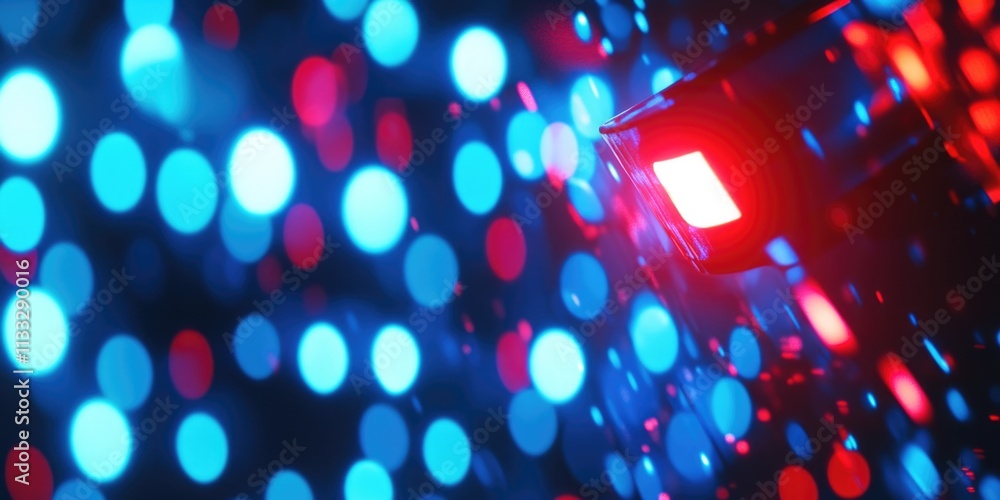 Poster a red traffic light with blue and red lights in the background