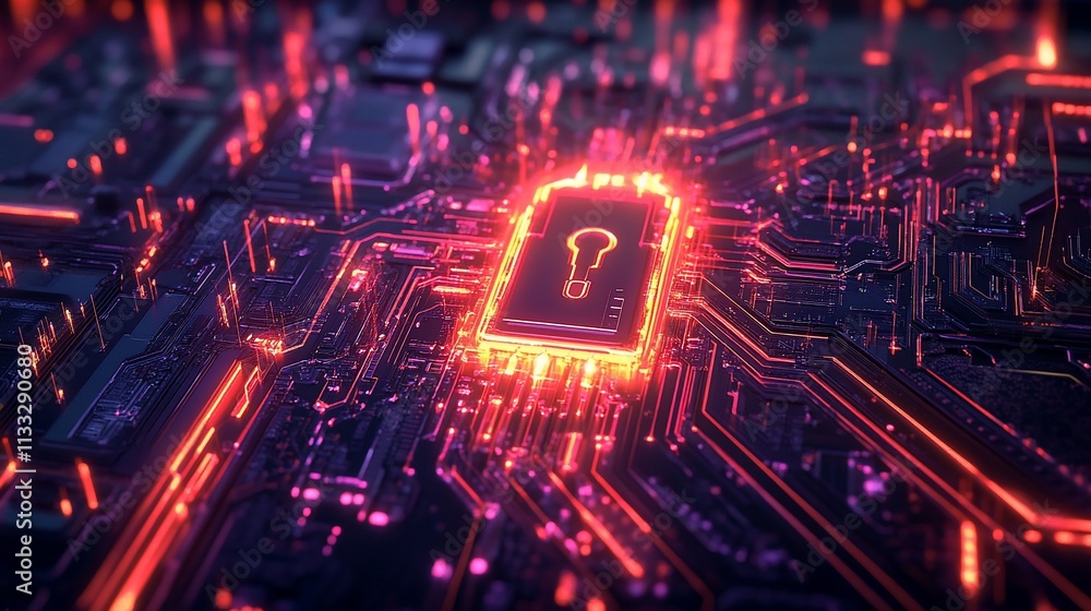 Poster A digital circuit board featuring a glowing lock symbol, representing cybersecurity and data protection.