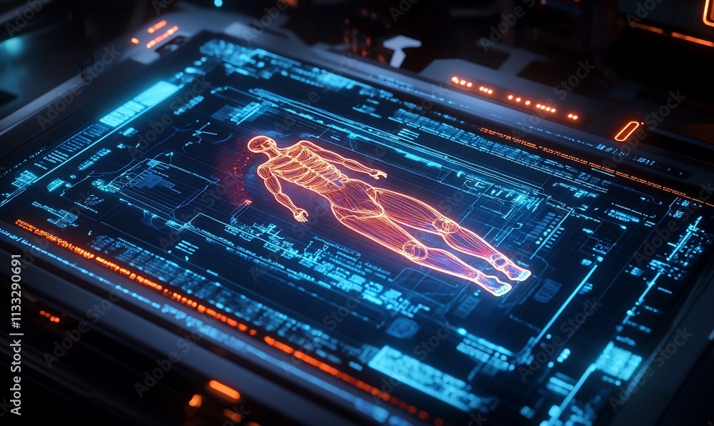 Poster a digital interface displaying a holographic human anatomy model for analysis.