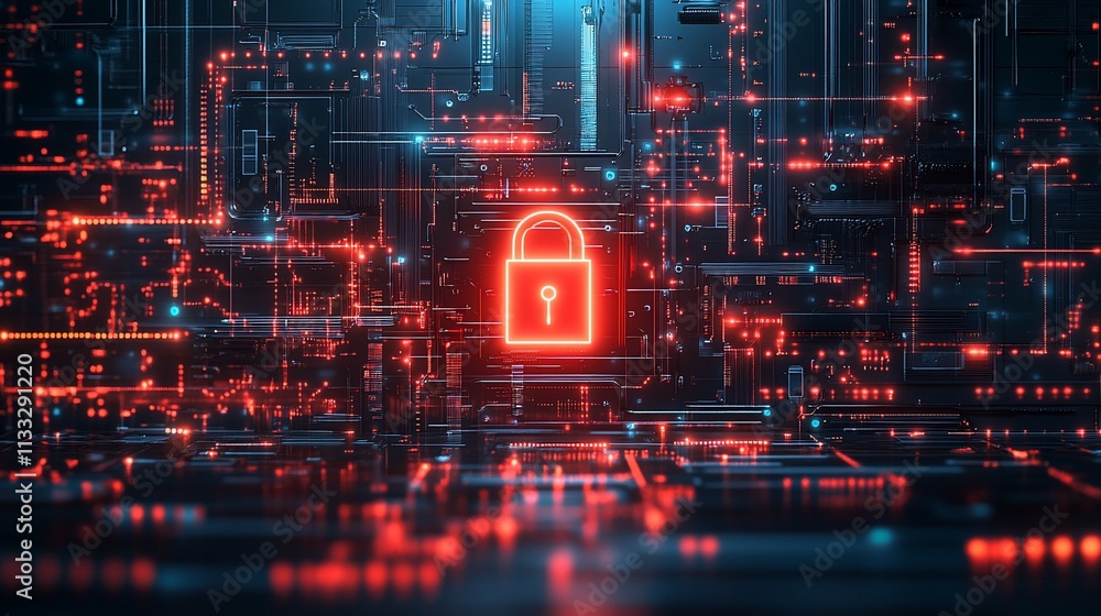 Poster A digital lock symbol amidst a network of glowing data points, representing cybersecurity.