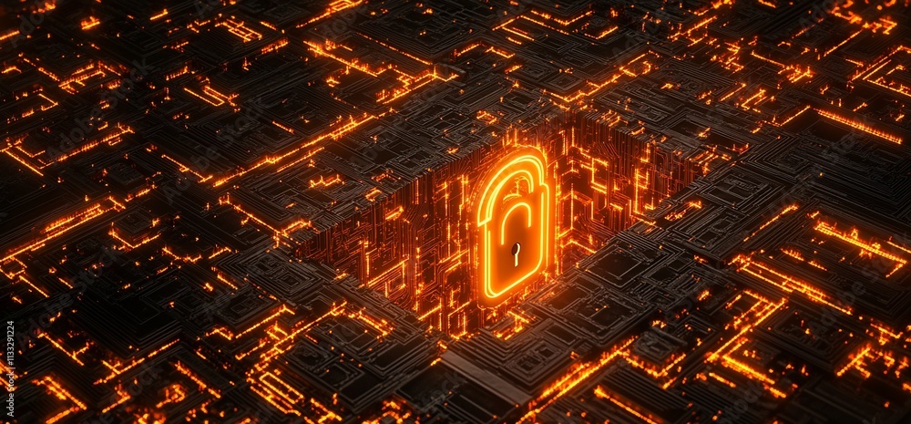 Poster a digital lock symbol amidst a glowing circuit-like background, representing cybersecurity.