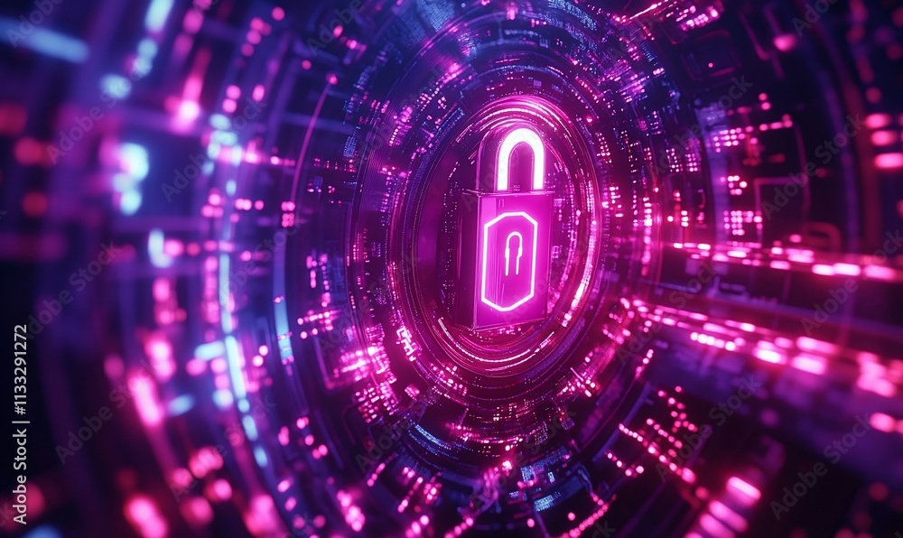 Poster a digital lock symbolizing cybersecurity within a vibrant, tech-themed environment.