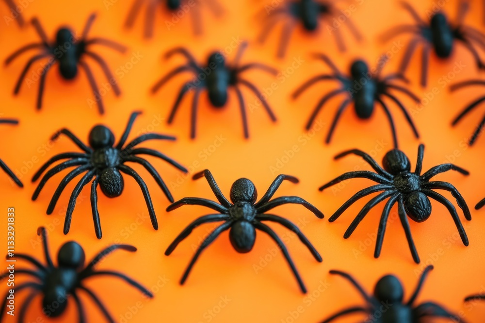 Poster a collection of artificial spiders resting on a vibrant orange background