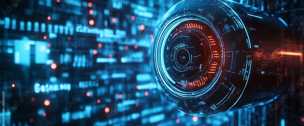 Poster a futuristic camera lens surrounded by digital data streams and glowing elements.