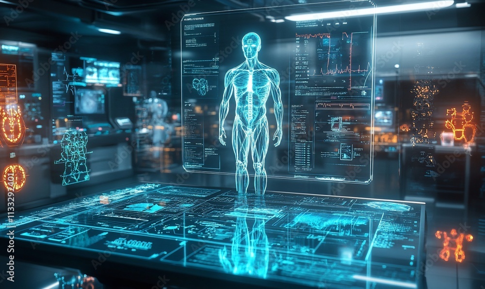 Poster a futuristic holographic display of the human body with data and analysis.