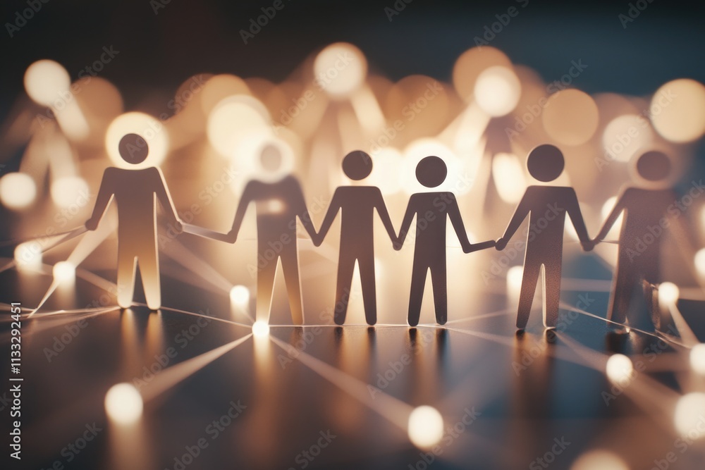 Poster a group of paper people linked together by hands, representing unity and friendship