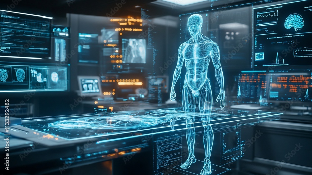 Poster a futuristic lab showcasing a holographic human model and advanced technology interfaces.