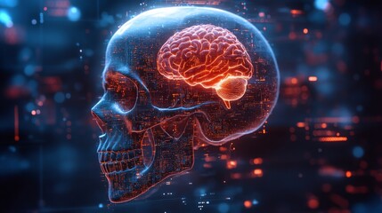 Detailed view of a human skull with holographic brain representation in 4K resolution