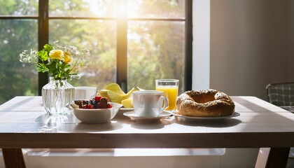 Indoor brunch table with sunlight shining through a glass window, buttered bagels and bowl of fresh fruit placed next to coffee cups