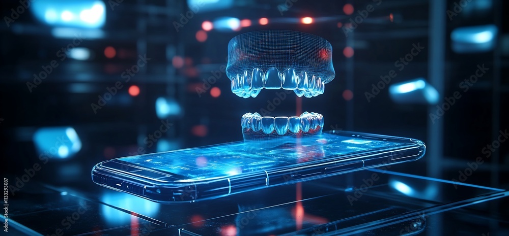 Poster a futuristic smartphone with a holographic interface hovering above it.