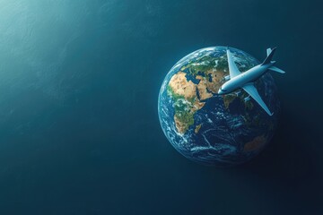 Fototapeta premium An airplane flies over the earth's surface against a blue background