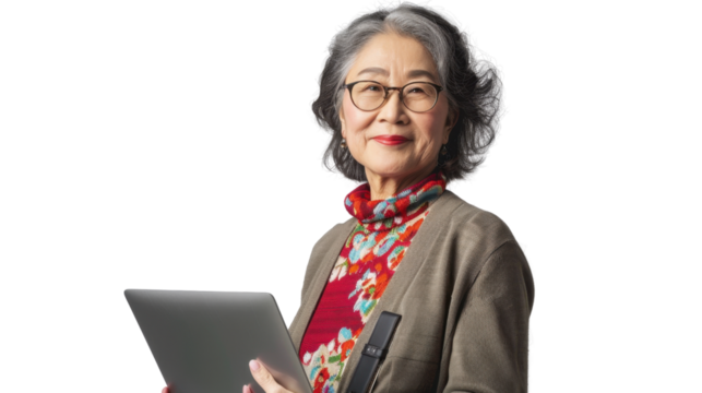 Portrait of asian senior  woman holding laptop on white background
