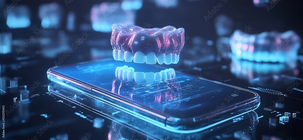Aufkleber a futuristic smartphone displaying dental models in a digital environment.