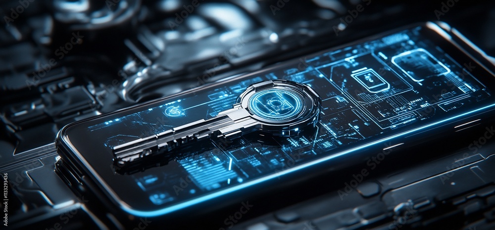 Aufkleber a futuristic smartphone displaying a digital key on a tech-inspired background.